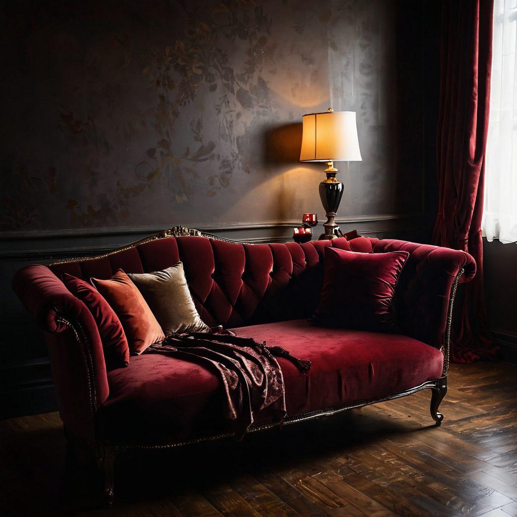 A sultry, dimly lit room featuring a vintage velvet chaise lounge draped with luxurious silk fabric, surrounded by soft candlelight flickering. An elegant glass of red wine rests on a nearby table, while shadows play across the walls with hints of nude silhouettes, evoking an intimate atmosphere. The overall mood should convey sensuality and allure, inviting the viewer into a realm of intimate entertainment. super-realistic. warm tones. soft focus.