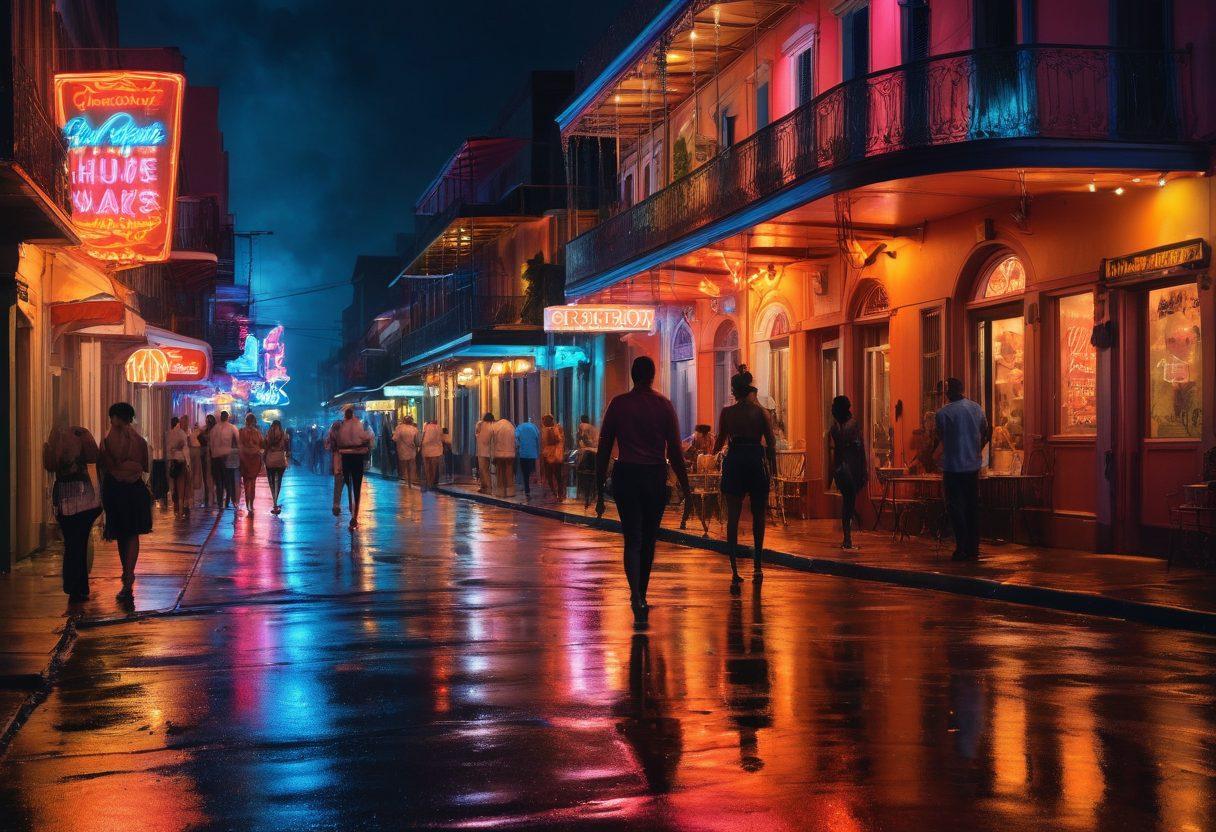 A vibrant nightlife scene showcasing a bustling street in New Orleans with lively neon signs and jazz musicians, interspersed with playful elements of adult entertainment such as colorful burlesque performers and street artists. The mood is energetic and intriguing, inviting viewers to explore this unique cultural experience. Incorporate reflections of neon lights on wet pavement for added depth. super-realistic. vibrant colors. night scene.