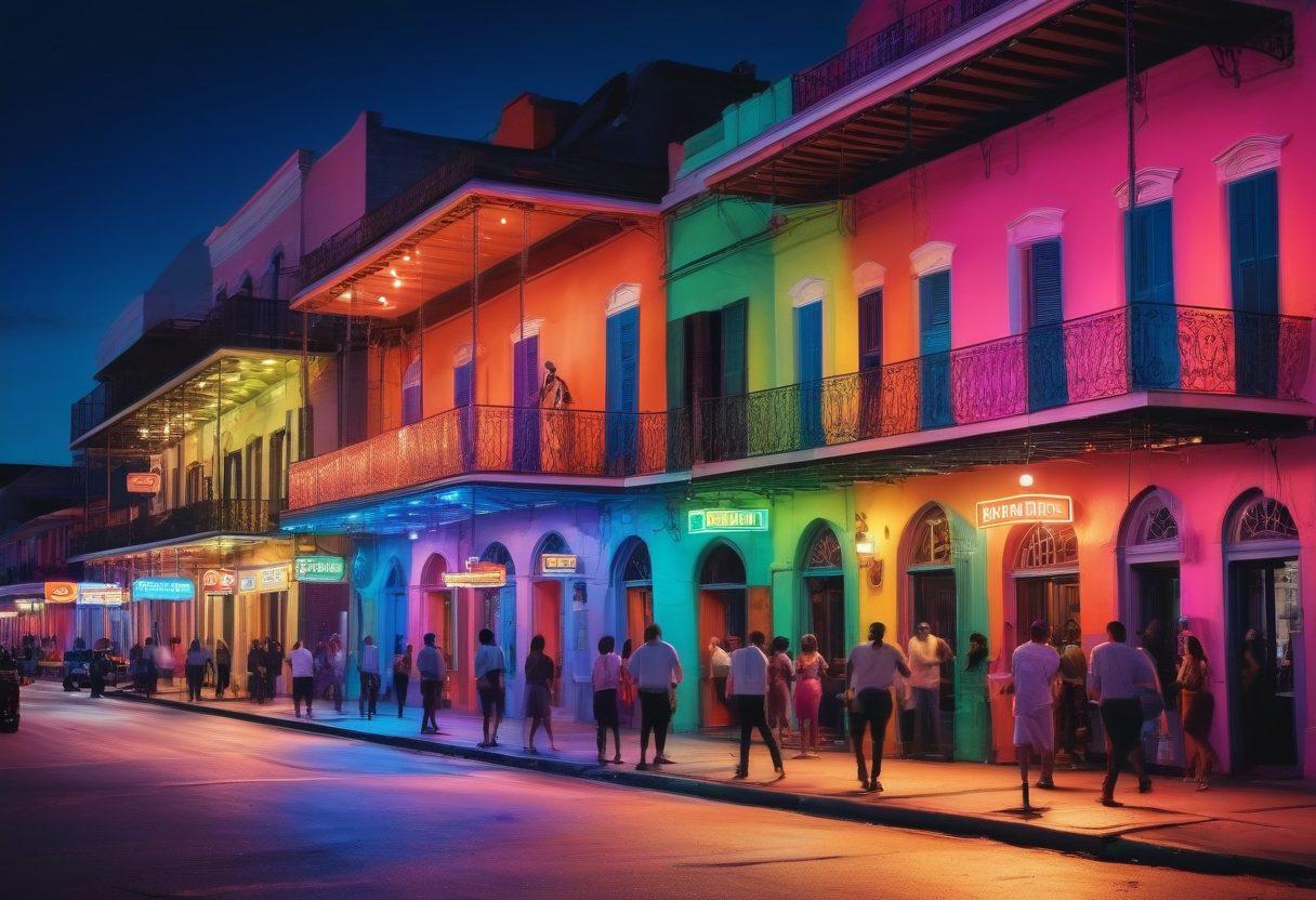 A vibrant New Orleans street scene with jazz musicians and colorful buildings, blending elements of adult film iconography and modern streaming symbols, like play buttons and digital screens. Capture a sense of the city’s rich culture and nightlife, with neon lights illuminating the atmosphere. The foreground should feature diverse individuals engaging with both traditional and digital media. super-realistic. vibrant colors. urban background.
